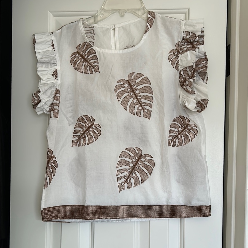 Leaf Print Woman’s Top - White and Brown